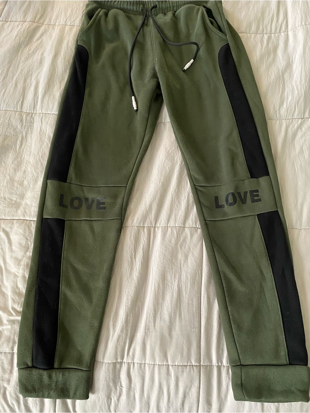 Kids Olive Green Joggers with Black Panels and 'LOVE' Detail